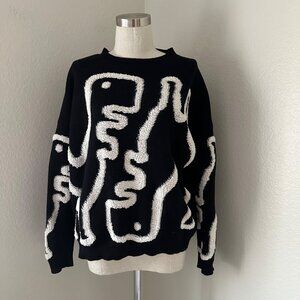 Knit Co-Op Sweater Crew Neck Long Sleeve Black With White Fuzzy Dinosaur Sz M